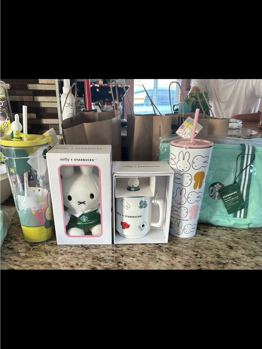 Starbucks White, Pink & Mint Miffy Drinkware and Plush Set